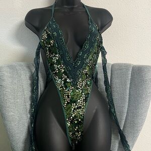 Elegant Green Lace Sequined Bodysuit